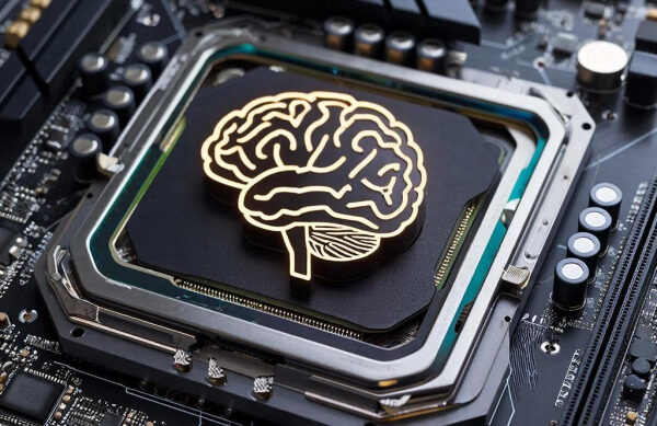 Процессор с изображением мозга на материнской плате, символизирующий искусственный интеллект.
