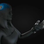 Изображение киборг-гуманоида с имплантом мозга и бионической рукой на темном фоне.