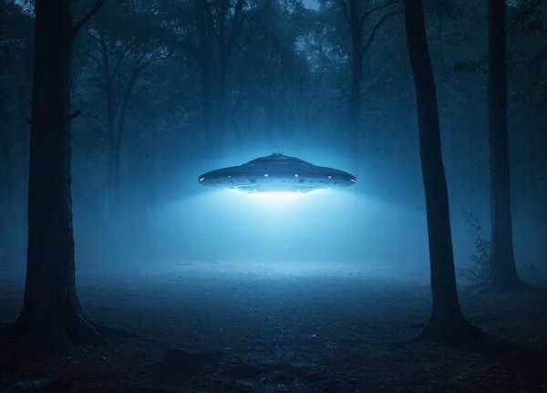 Летающая тарелка в ночном лесу, освещающая деревья голубым светом.