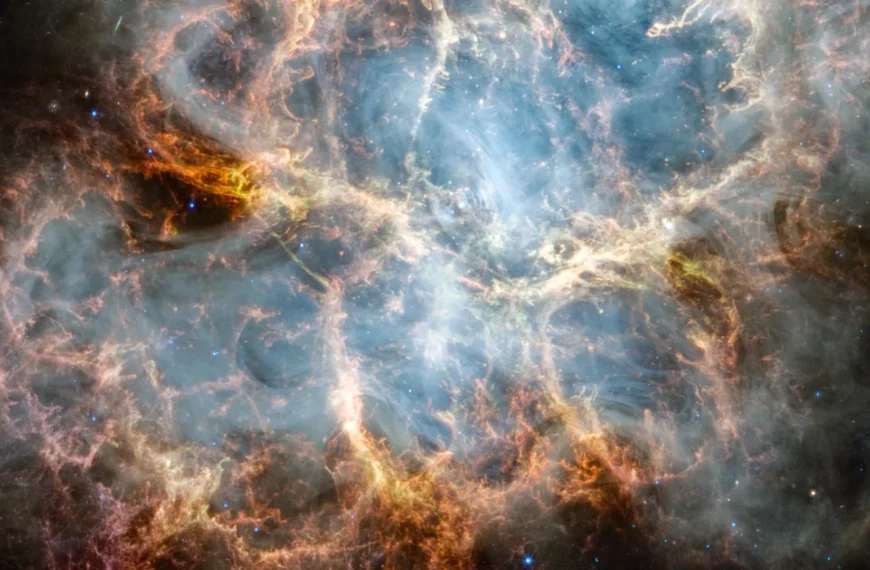 Туманность в космосе с яркими газовыми облаками и звездным фоном.