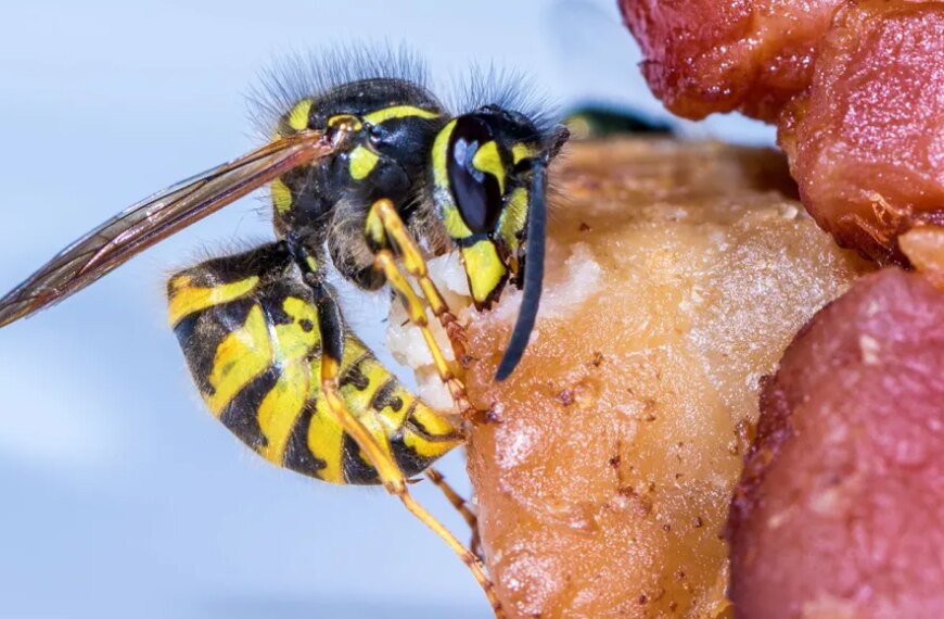 Оса ест мясо. Макрофотография насекомого на фоне еды.
