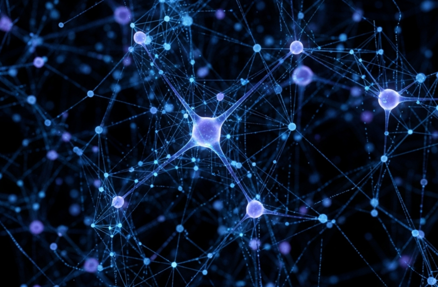 Абстрактная визуализация нейронной сети с синими и фиолетовыми узлами на темном фоне.