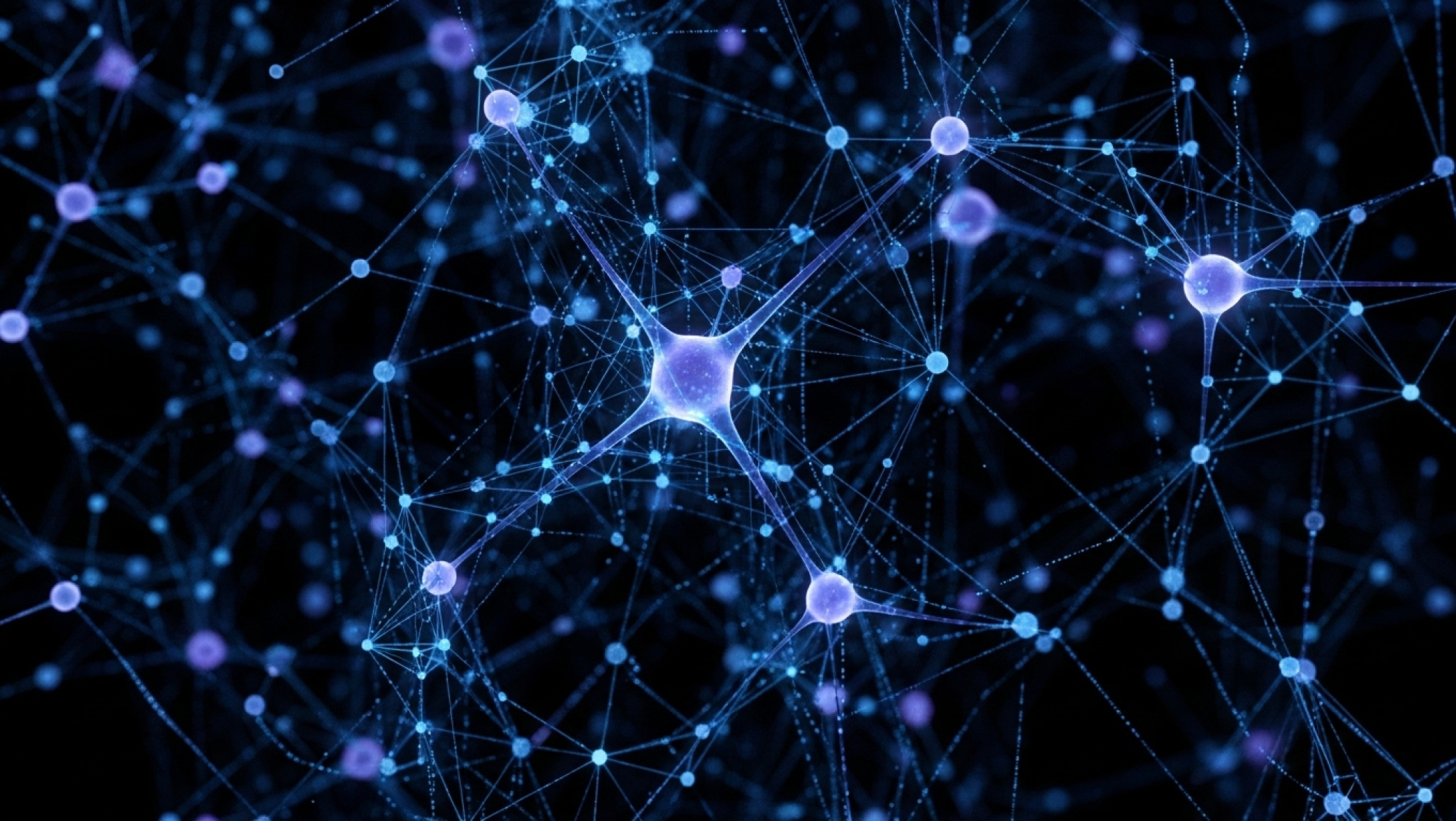 Использование ИИ для выявления генетических вариантов в опухолях с помощью DeepSomatic 4 Абстрактная визуализация нейронной сети с синими и фиолетовыми узлами на темном фоне.