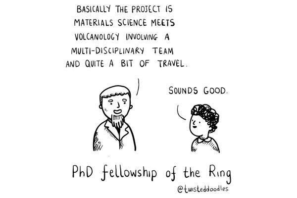 Карикатура о проекте, объединяющем науку о материалах и вулканы. Команда, путешествия.