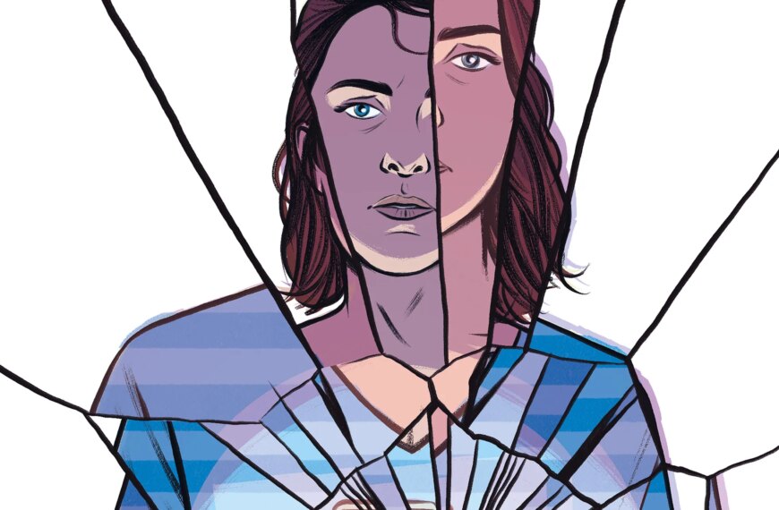 Иллюстрация человека в треснувшем зеркале, лицо скрыто, сине-фиолетовая палитра.