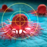 Клетка рака под прицелом, концепция лечения рака, 3D иллюстрация.