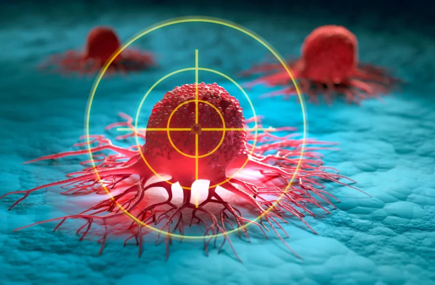 Клетка рака под прицелом, концепция лечения рака, 3D иллюстрация.