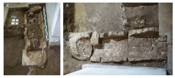 Археологическая находка: каменная гробница и скелет в древнем сооружении.