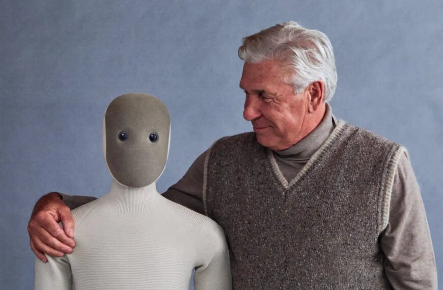 Пожилой мужчина держит манекен с кнопочными глазами на фоне серой стены.