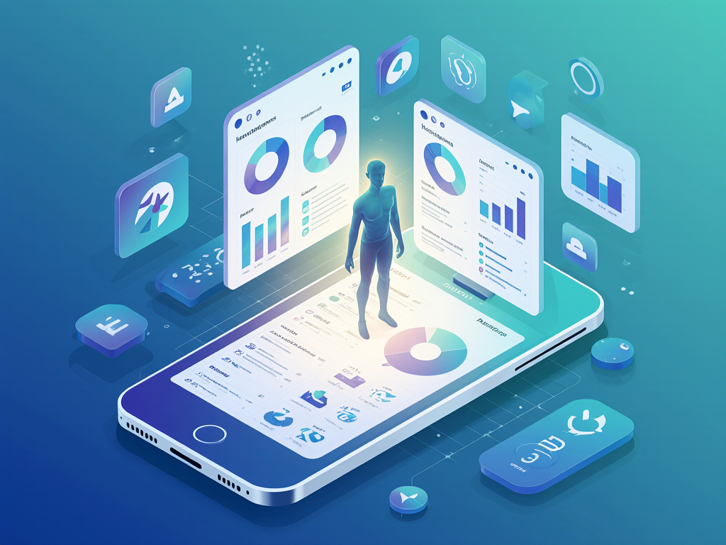 Анализ данных на смартфоне, 3D-графики и фигура человека у экрана.