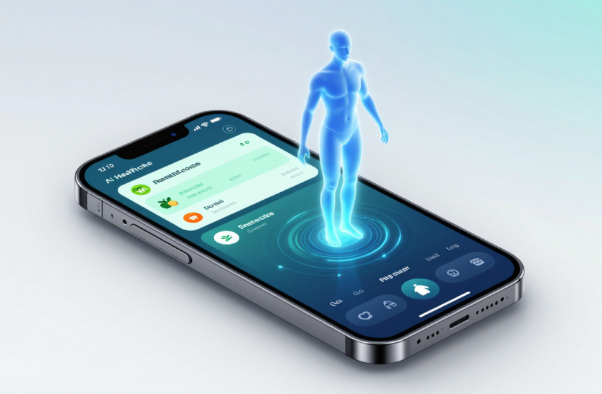 Голограмма человека на экране смартфона, приложение для здоровья и фитнеса.