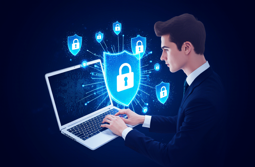 Мужчина за ноутбуком, концепция кибербезопасности, защищённые данные, цифровые щиты.