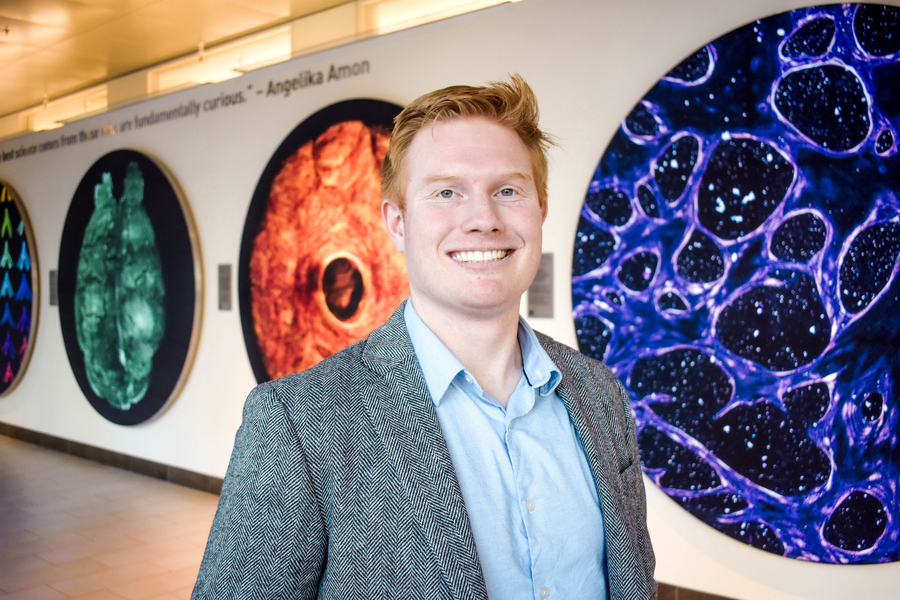 Мужчина в галерее с крупными яркими абстрактными картинами на стене.