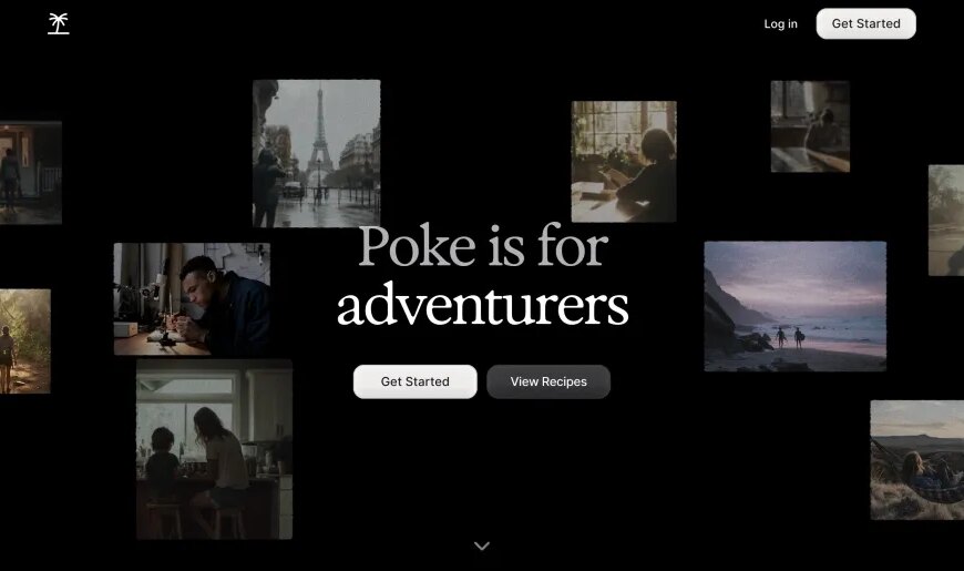 Коллаж с людьми и природой, текст "Poke is for adventurers", кнопки "Get Started" и "View Recipes".