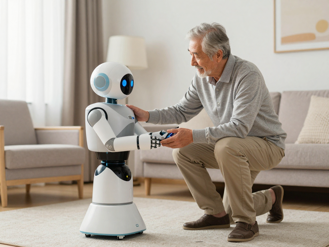 Пожилой мужчина улыбается и взаимодействует с домашним роботом-помощником в гостиной.