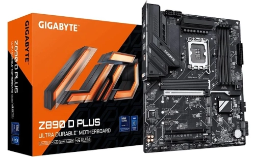 Материнская плата Gigabyte Z690 D Plus с упаковкой, вид спереди.