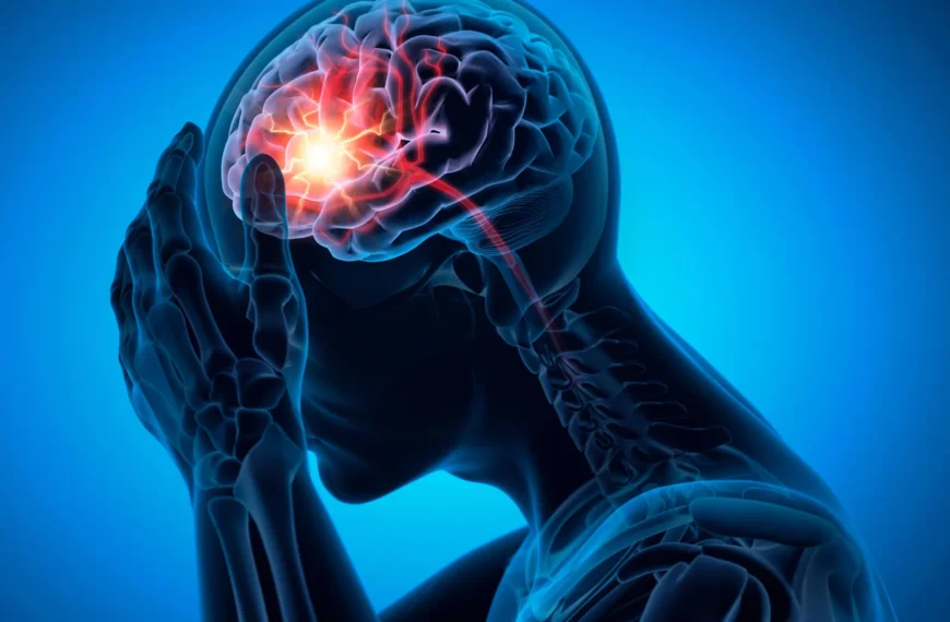 3D-иллюстрация человека с болью в голове, светящийся участок мозга, нейронные сигналы.