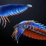 Древнее морское существо с панцирем, яркие синие и оранжевые оттенки, 3D-иллюстрация.