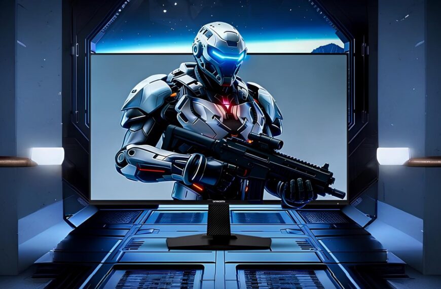 Футуристический солдат в броне с оружием на экране в высокотехнологичном помещении.