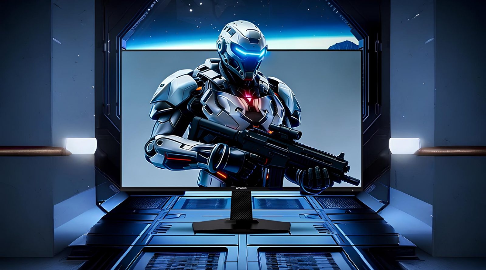 Бюджетный монитор Skyworth с функциями для игр и работы 2 Футуристический солдат в броне с оружием на экране в высокотехнологичном помещении.