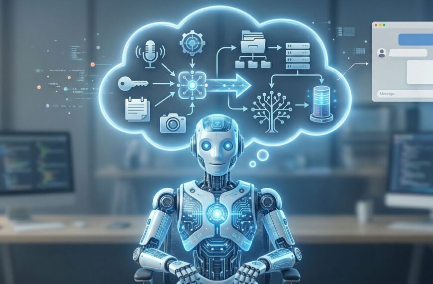 Искусственный интеллект в офисе с облаком данных и технологическими иконками.