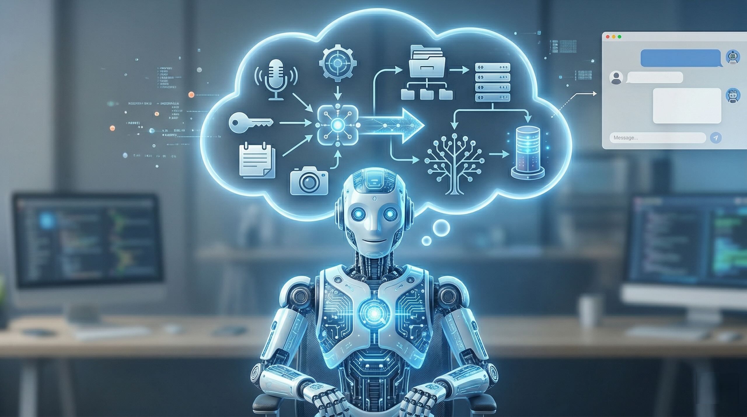 Я заменил Vector DBs на шаблон Memory Agent от Google для своих заметок в Obsidian. 2 Искусственный интеллект в офисе с облаком данных и технологическими иконками.