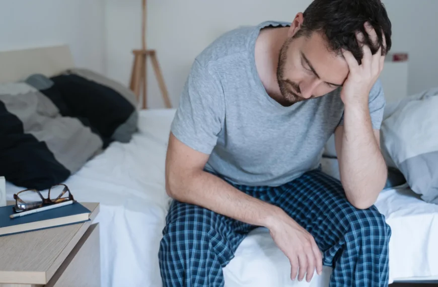 Мужчина сидит на кровати в пижаме, задумавшись и поддерживая голову рукой.