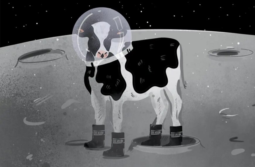 Корова в скафандре и сапогах на поверхности Луны ночью.