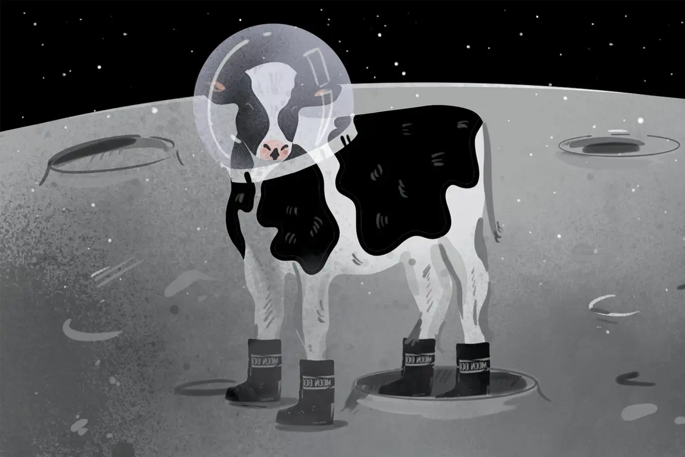 Пора монетизировать Луну! Определенно! А может быть? 3 Корова в скафандре и сапогах на поверхности Луны ночью.