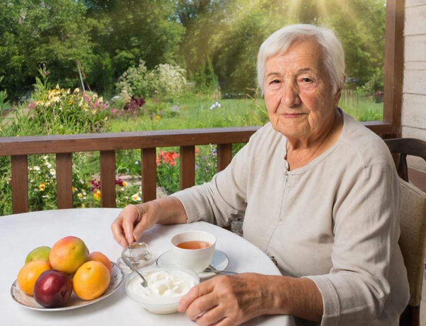 Пожилая женщина завтракает на террасе: фрукты, чай, сметана, уютная атмосфера природы.