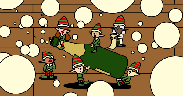 Эльфы с рождественскими шапками играют с бутылкой шампанского среди пузырей.