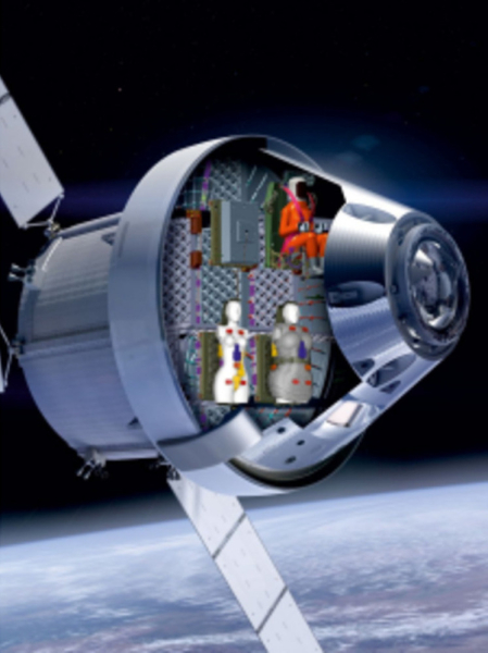 Космический аппарат с манекенами в кабине, летящий над Землей в космосе.