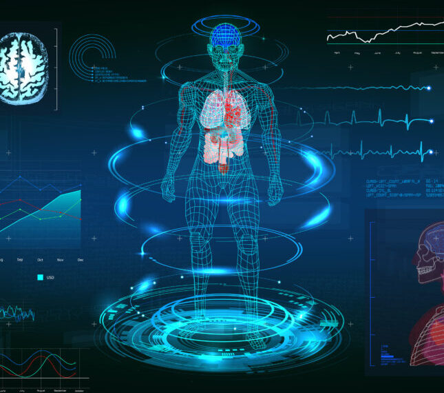 Цифровая визуализация человеческого тела с анатомическими данными и графиками анализа.
