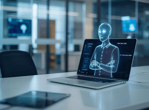 Голограмма человека на экране ноутбука, офисные системы и технологии в интерьере.