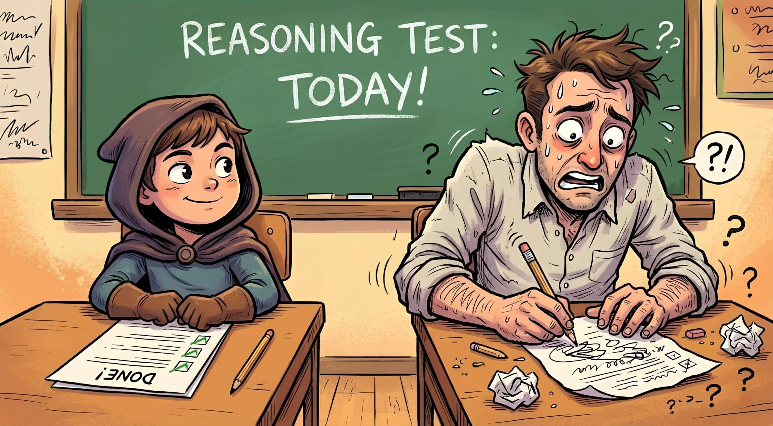 Школьники пишут тест на логическое мышление, один уверен, другой растерян.