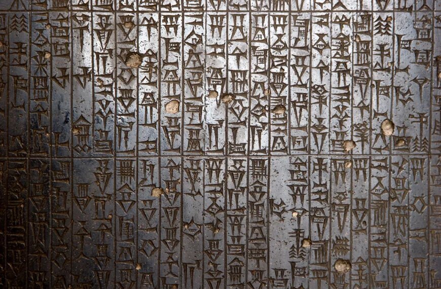 Древняя шумерская клинопись на камне, символы расположены в вертикальных колонках.