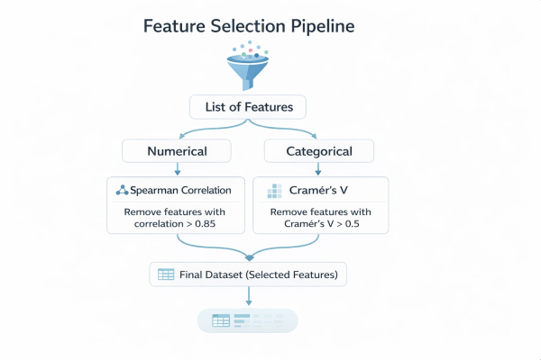 Пайплайн отбора признаков: корреляция Спирмена и Крамера, отбор финального набора данных.