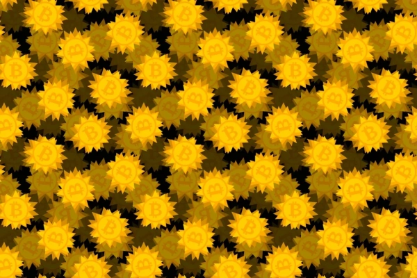 Желтый узор с символом биткойна, повторяющийся по всему изображению.