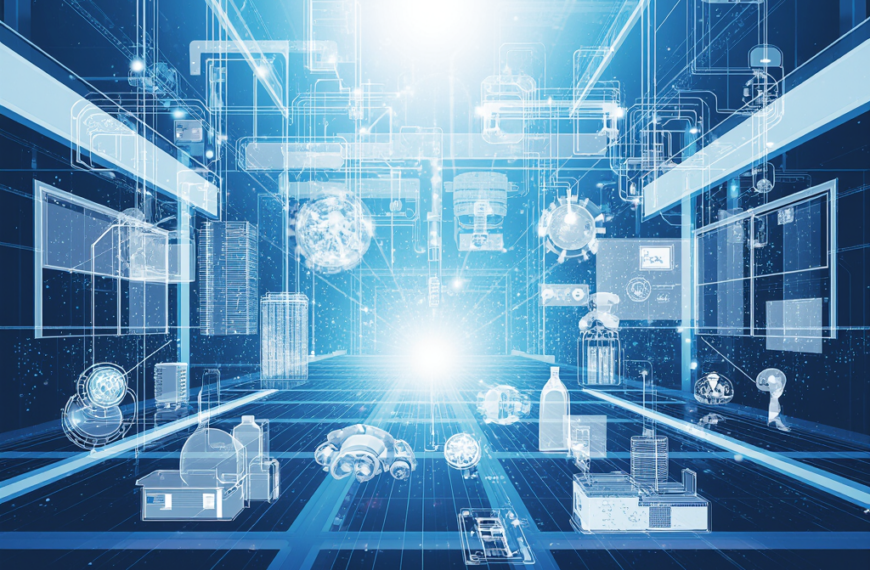 Цифровая сеть с абстрактными технологическими элементами на синем фоне.