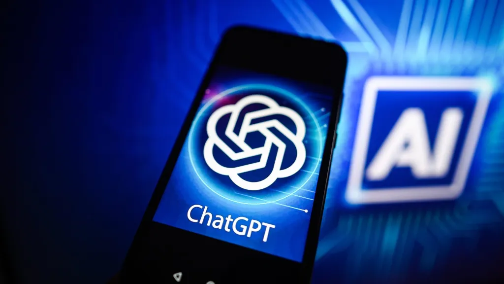 Смартфон с логотипом ChatGPT на фоне технологии AI.