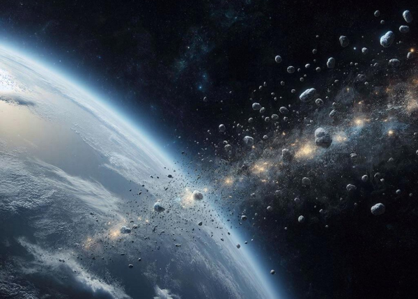 Планета в космосе с поясом астероидов, звезды на фоне.