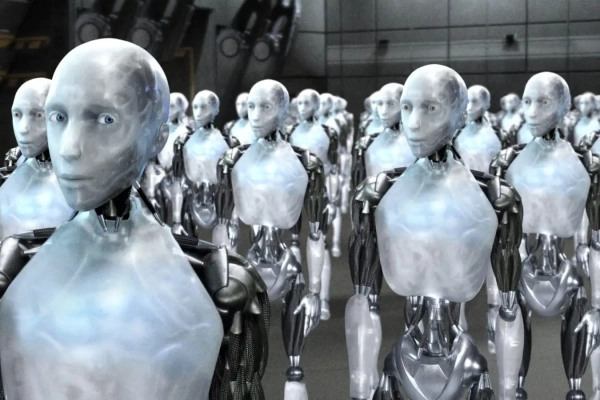 Роботы в ряд, футуристический интерьер, бело-серая цветовая гамма, технологии будущего.