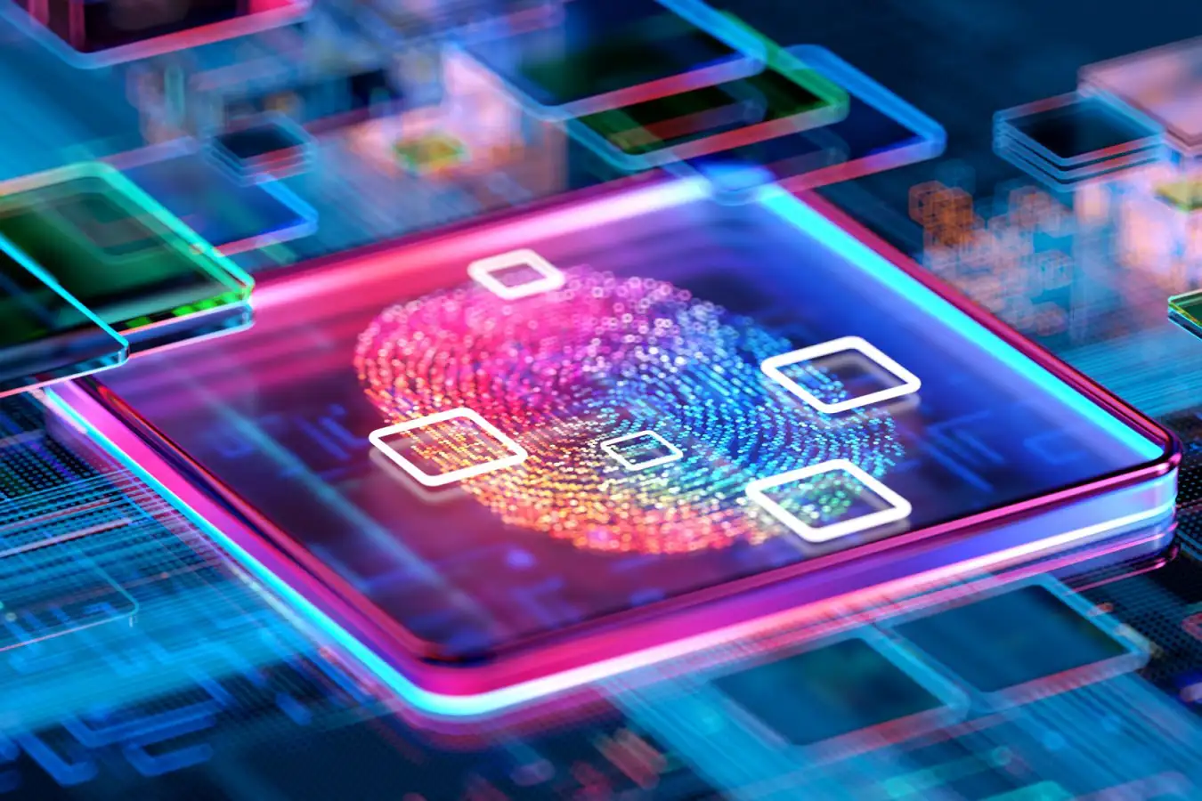 Цифровой отпечаток пальца на технологической плате; концепция безопасности данных.