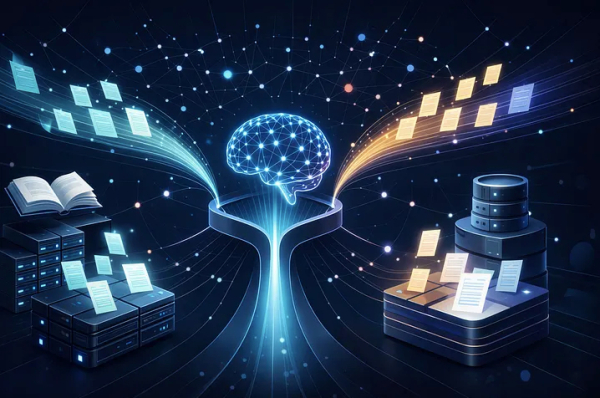 Цифровая передача данных: серверы, книги и документы на фоне технологий и интернета.