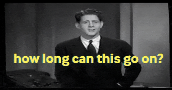 Человек в костюме, текст "how long can this go on?" на черно-белом фоне.