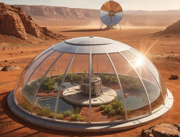 Марсианская биосфера: купол с растениями на красной пустыне, солнечная панель на горизонте.