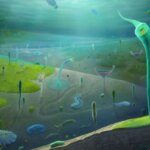 Древний океан с причудливыми существами эдиакарского периода на дне.