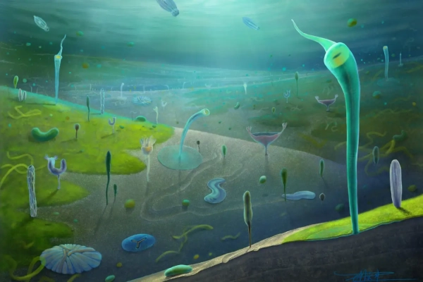 Древний океан с причудливыми существами эдиакарского периода на дне.