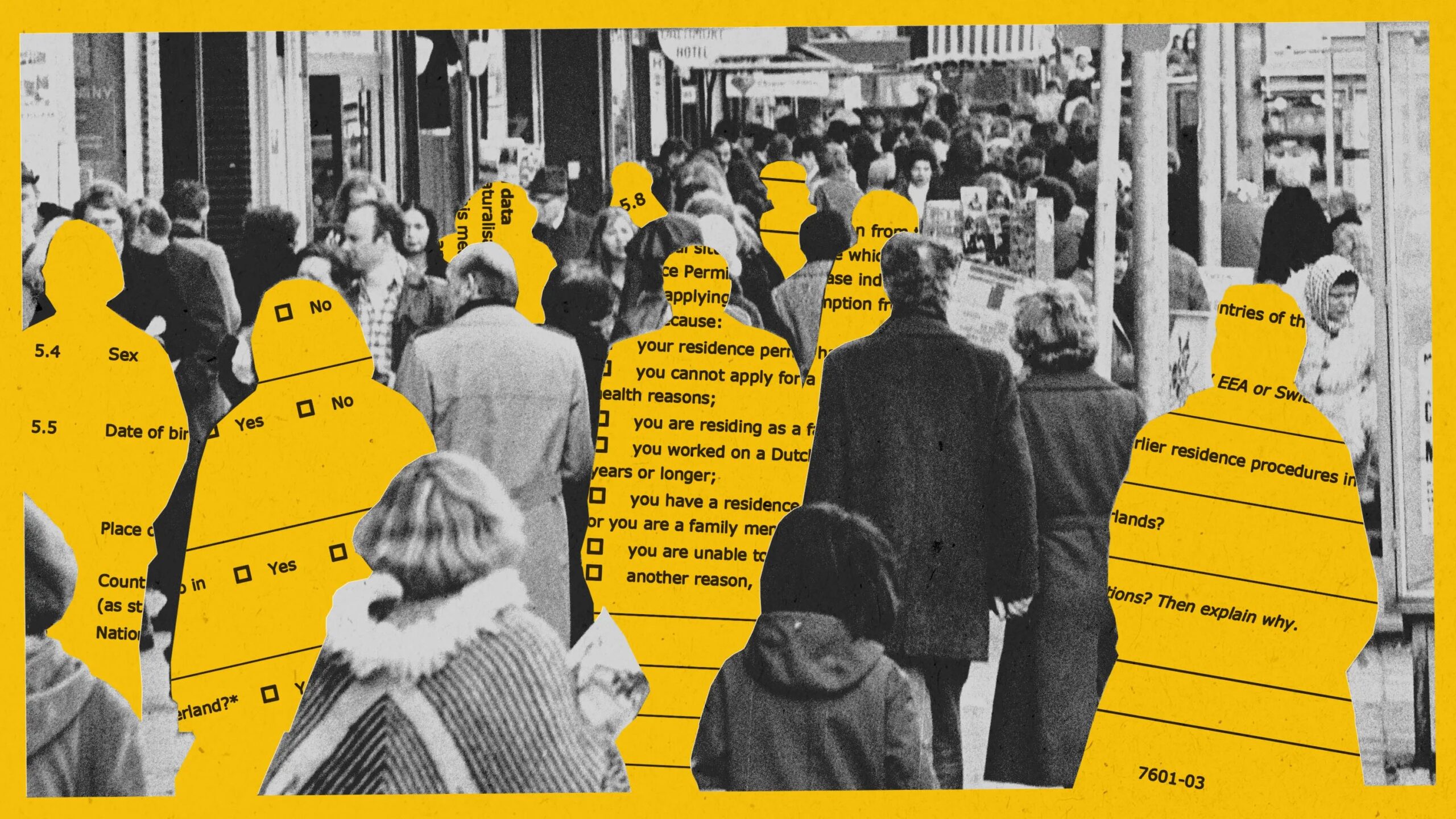 Толпа людей на улице, фигуры и текстовые элементы на жёлтом фоне.