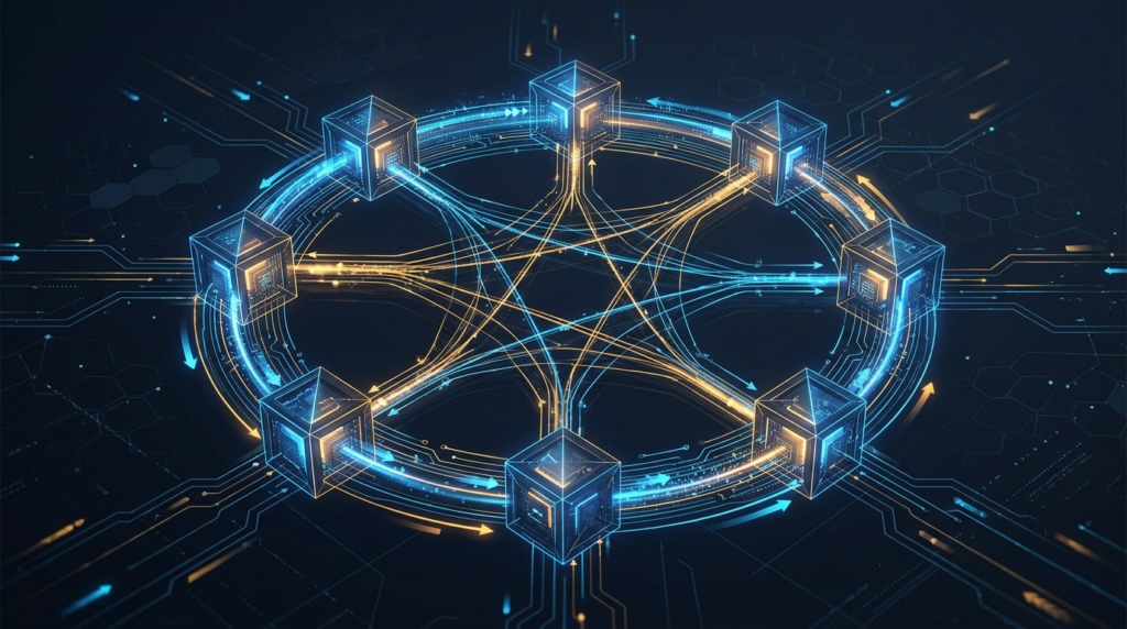 Визуализация блокчейн-сети с цифровыми блоками и соединениями в форме круга.